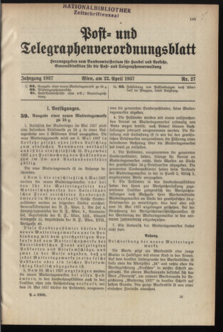 Post- und Telegraphen-Verordnungsblatt für das Verwaltungsgebiet des K.-K. Handelsministeriums 19370422 Seite: 1