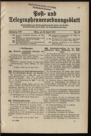 Post- und Telegraphen-Verordnungsblatt für das Verwaltungsgebiet des K.-K. Handelsministeriums 19370429 Seite: 1