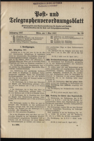 Post- und Telegraphen-Verordnungsblatt für das Verwaltungsgebiet des K.-K. Handelsministeriums 19370507 Seite: 1