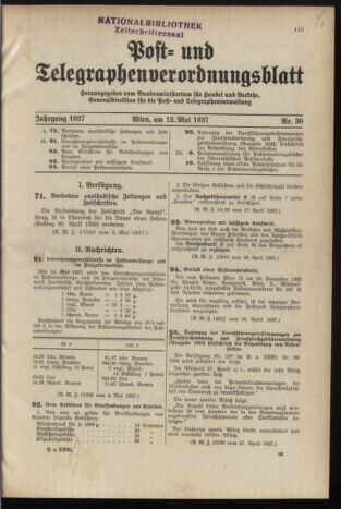 Post- und Telegraphen-Verordnungsblatt für das Verwaltungsgebiet des K.-K. Handelsministeriums 19370512 Seite: 1