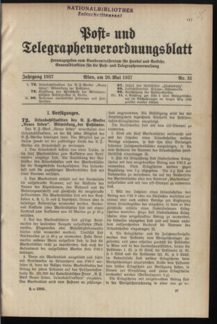 Post- und Telegraphen-Verordnungsblatt für das Verwaltungsgebiet des K.-K. Handelsministeriums 19370520 Seite: 1