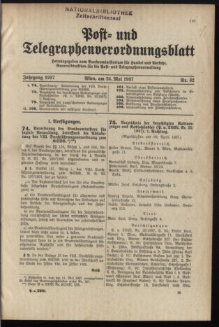 Post- und Telegraphen-Verordnungsblatt für das Verwaltungsgebiet des K.-K. Handelsministeriums 19370524 Seite: 1