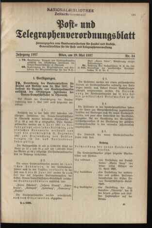 Post- und Telegraphen-Verordnungsblatt für das Verwaltungsgebiet des K.-K. Handelsministeriums 19370529 Seite: 1