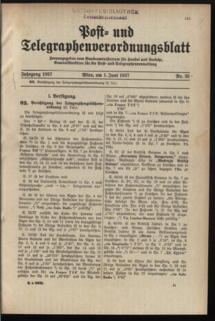 Post- und Telegraphen-Verordnungsblatt für das Verwaltungsgebiet des K.-K. Handelsministeriums 19370601 Seite: 1