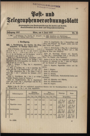 Post- und Telegraphen-Verordnungsblatt für das Verwaltungsgebiet des K.-K. Handelsministeriums 19370604 Seite: 1