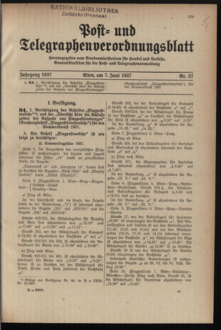 Post- und Telegraphen-Verordnungsblatt für das Verwaltungsgebiet des K.-K. Handelsministeriums 19370607 Seite: 1