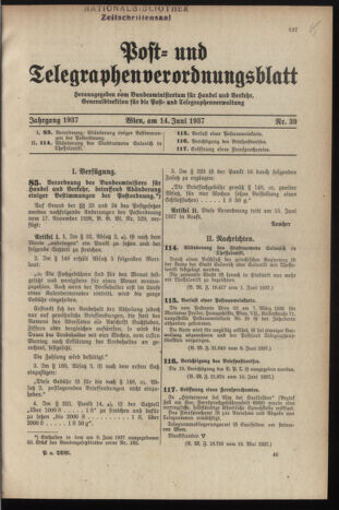 Post- und Telegraphen-Verordnungsblatt für das Verwaltungsgebiet des K.-K. Handelsministeriums 19370614 Seite: 1