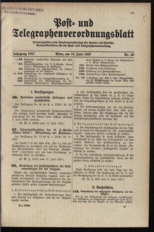 Post- und Telegraphen-Verordnungsblatt für das Verwaltungsgebiet des K.-K. Handelsministeriums 19370619 Seite: 1