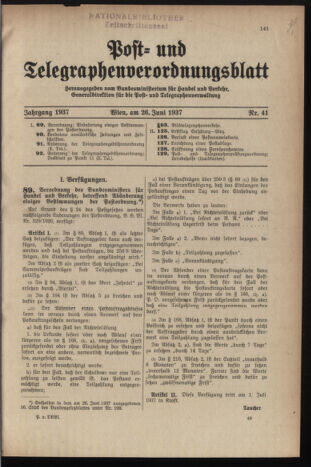 Post- und Telegraphen-Verordnungsblatt für das Verwaltungsgebiet des K.-K. Handelsministeriums 19370626 Seite: 1