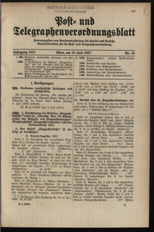 Post- und Telegraphen-Verordnungsblatt für das Verwaltungsgebiet des K.-K. Handelsministeriums 19370710 Seite: 1