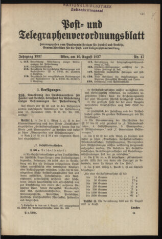 Post- und Telegraphen-Verordnungsblatt für das Verwaltungsgebiet des K.-K. Handelsministeriums 19370810 Seite: 1