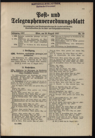 Post- und Telegraphen-Verordnungsblatt für das Verwaltungsgebiet des K.-K. Handelsministeriums 19370826 Seite: 1