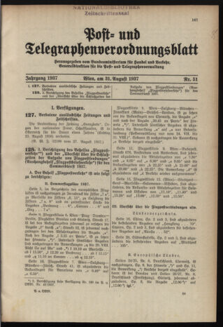 Post- und Telegraphen-Verordnungsblatt für das Verwaltungsgebiet des K.-K. Handelsministeriums 19370831 Seite: 1