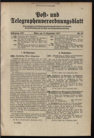 Post- und Telegraphen-Verordnungsblatt für das Verwaltungsgebiet des K.-K. Handelsministeriums 19370911 Seite: 1