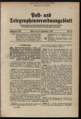 Post- und Telegraphen-Verordnungsblatt für das Verwaltungsgebiet des K.-K. Handelsministeriums 19370913 Seite: 1