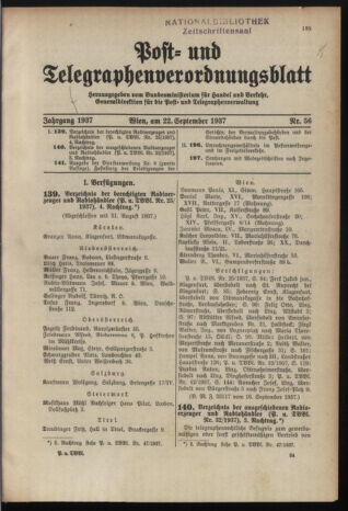 Post- und Telegraphen-Verordnungsblatt für das Verwaltungsgebiet des K.-K. Handelsministeriums 19370922 Seite: 1