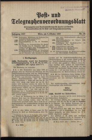 Post- und Telegraphen-Verordnungsblatt für das Verwaltungsgebiet des K.-K. Handelsministeriums 19371006 Seite: 1