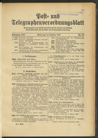 Post- und Telegraphen-Verordnungsblatt für das Verwaltungsgebiet des K.-K. Handelsministeriums 19371014 Seite: 1