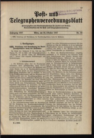 Post- und Telegraphen-Verordnungsblatt für das Verwaltungsgebiet des K.-K. Handelsministeriums 19371022 Seite: 1