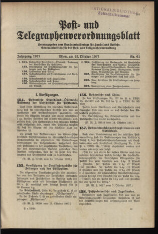 Post- und Telegraphen-Verordnungsblatt für das Verwaltungsgebiet des K.-K. Handelsministeriums 19371025 Seite: 1