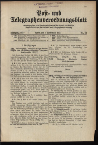 Post- und Telegraphen-Verordnungsblatt für das Verwaltungsgebiet des K.-K. Handelsministeriums 19371105 Seite: 1