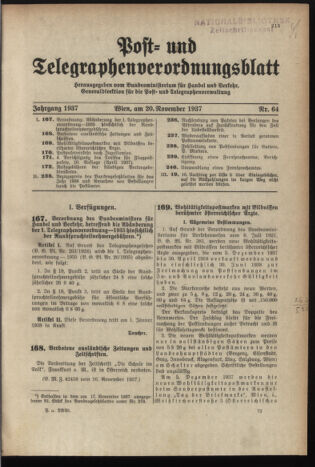 Post- und Telegraphen-Verordnungsblatt für das Verwaltungsgebiet des K.-K. Handelsministeriums 19371120 Seite: 1