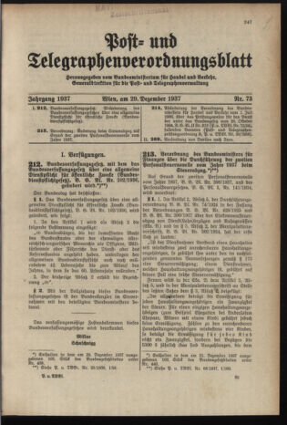 Post- und Telegraphen-Verordnungsblatt für das Verwaltungsgebiet des K.-K. Handelsministeriums 19371229 Seite: 1