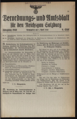 Verordnungs- und Amtsblatt für den Reichsgau Salzburg 19400408 Seite: 1