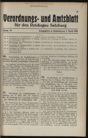 Verordnungs- und Amtsblatt für den Reichsgau Salzburg 19410405 Seite: 1