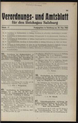 Verordnungs- und Amtsblatt für den Reichsgau Salzburg 19410510 Seite: 1