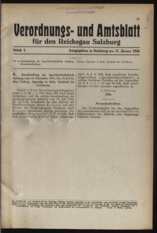 Verordnungs- und Amtsblatt für den Reichsgau Salzburg 19420117 Seite: 1