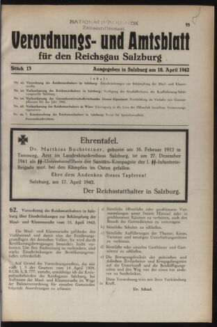 Verordnungs- und Amtsblatt für den Reichsgau Salzburg 19420418 Seite: 1