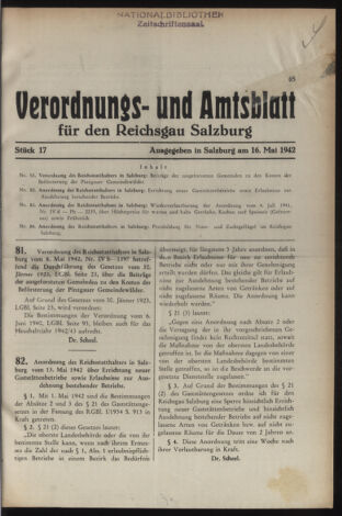 Verordnungs- und Amtsblatt für den Reichsgau Salzburg 19420516 Seite: 1