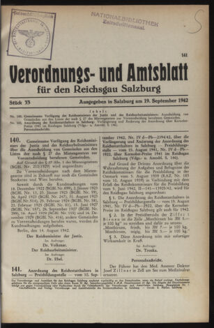 Verordnungs- und Amtsblatt für den Reichsgau Salzburg 19420919 Seite: 1