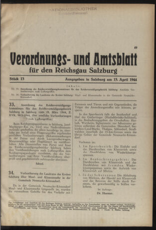 Verordnungs- und Amtsblatt für den Reichsgau Salzburg 19440415 Seite: 1