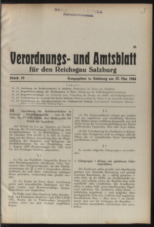 Verordnungs- und Amtsblatt für den Reichsgau Salzburg 19440527 Seite: 1