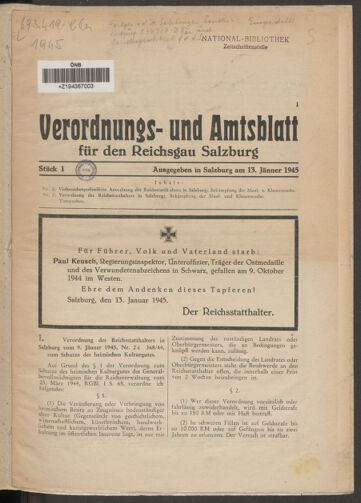 Verordnungs- und Amtsblatt für den Reichsgau Salzburg 19450113 Seite: 1