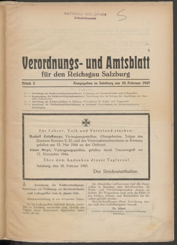 Verordnungs- und Amtsblatt für den Reichsgau Salzburg 19450210 Seite: 1