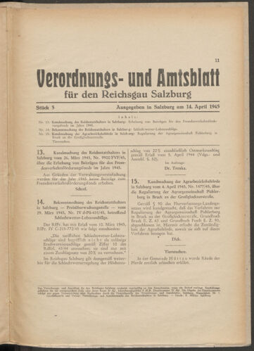 Verordnungs- und Amtsblatt für den Reichsgau Salzburg 19450414 Seite: 1