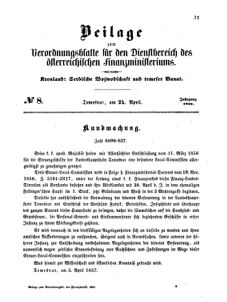 Verordnungsblatt für den Dienstbereich des K.K. Finanzministeriums für die im Reichsrate Vertretenen Königreiche und Länder 18570424 Seite: 1