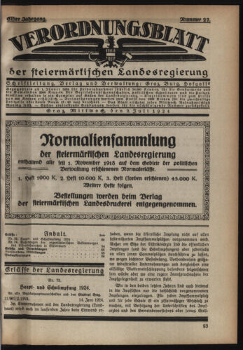 Verordnungsblatt der steiermärkischen Landesregierung 19240702 Seite: 1