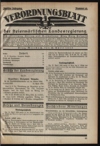 Verordnungsblatt der steiermärkischen Landesregierung 19250422 Seite: 1