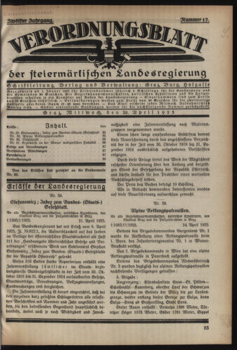 Verordnungsblatt der steiermärkischen Landesregierung 19250429 Seite: 1