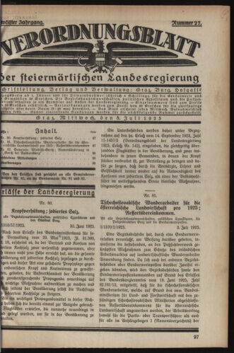 Verordnungsblatt der steiermärkischen Landesregierung 19250708 Seite: 1