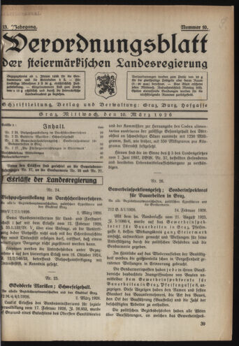 Verordnungsblatt der steiermärkischen Landesregierung 19260310 Seite: 1