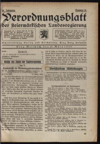 Verordnungsblatt der steiermärkischen Landesregierung 19260317 Seite: 1