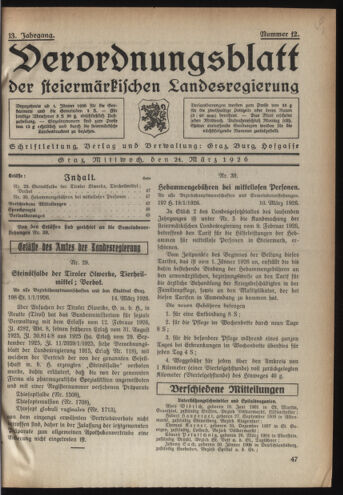 Verordnungsblatt der steiermärkischen Landesregierung 19260324 Seite: 1