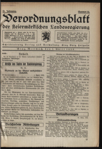 Verordnungsblatt der steiermärkischen Landesregierung 19260407 Seite: 1