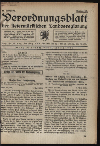 Verordnungsblatt der steiermärkischen Landesregierung 19260414 Seite: 1