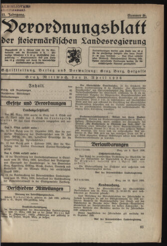 Verordnungsblatt der steiermärkischen Landesregierung 19260421 Seite: 1